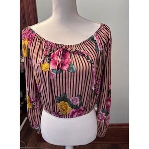Vintage Shelly Pink Floral Striped Off Shoulder Crop Top Long Sleeve Boho